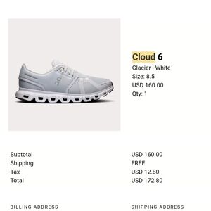 On Running Cloud 6 Glacier White Athletic Shoes